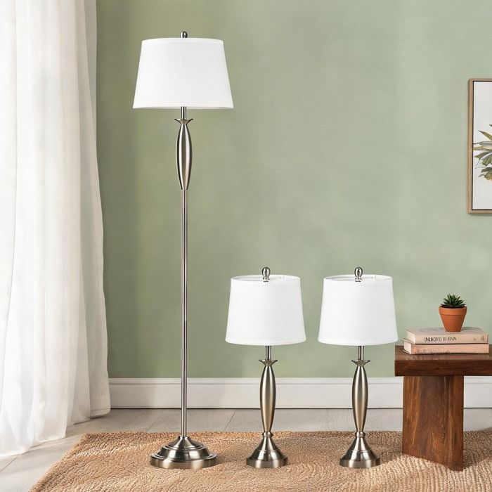 Ensemble 3 pièces lampadaire et 2 lampes à poser contemporain structure métal silver-tone abat-jour polyester cylindrique