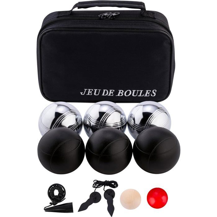 Kit Pétanque 6 Boules Métal 74 mm 720 g - 3 Noires 3 Chromées Sac Nylon Cochonnet Cordon Ramasse-Boule Magnétique Jeu Adulte