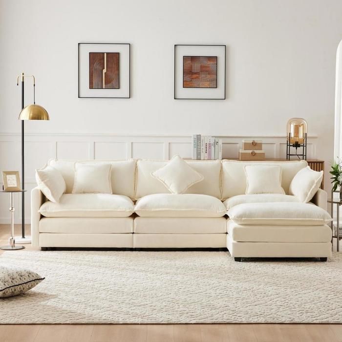 Canapé en U - KOMHTOM - 315 x 135 x 81 cm - velours côtelé (chenille) - réversible - 2 poufs coffre - USB intégrés