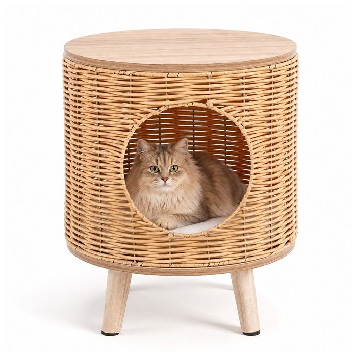 COSTWAY Niche pour Chat 2-en-1 Table d’Appoint Maison en Rotin PE avec Coussin Amovible Pieds en Bois de Caoutchouc Ton Naturel COSTWAY Niche pour Chat 2-en-1 Table d’Appoint Maison en Rotin PE avec Coussin Amovible Pieds en Bois de Caoutchouc Ton Naturel