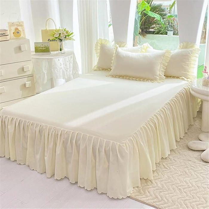 Jupe de Lit Volantée en Microfibre Blanche 200x220cm Cache-Sommier Antidérapant avec 2 Taies 48x74cm blanc JETEE DE LIT