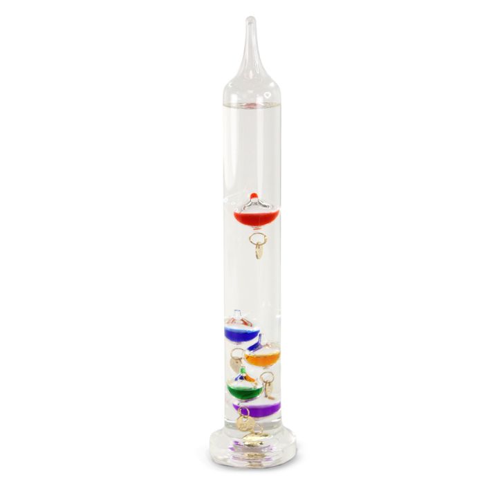FISHTEC Thermomètre De Galilée En Verre Hauteur 28 cm 5 Boules Flottantes Multicolores Échelle 18 À 26 °C Socle Rond Transparent
