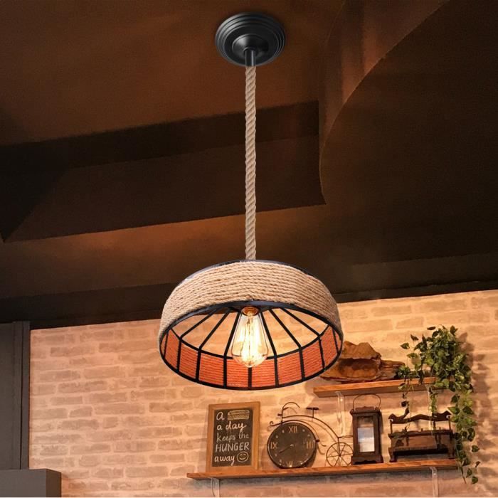 MOGOD Suspension en Corde de Chanvre 30 cm - Rétro Lustre Lampe E27 - Luminaire Industrielle dInterieur Noir