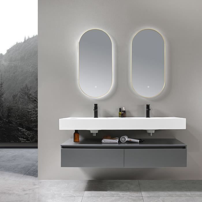 LuxuryBain - Meuble de salle de bain double vasque 140cm en Corian blanc avec miroir led