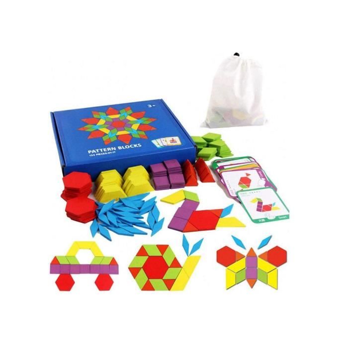 Puzzle en Bois - Tangram - Jouets éducatifs - 155 Formes géométriques - 24 Cartes de Conception - 3 ans et plus