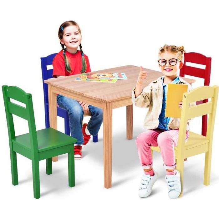 Costway Ensemble Table Et 4 Chaises Pour Enfants En Bois Pour Travailler Manger Jouer 66 X 56 X49cm Table En Bois Cdiscount Puericulture Eveil Bebe
