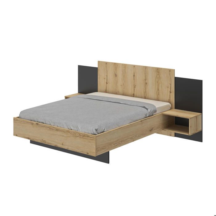 Lit Marzano en panneaux de particules avec 2 tables de chevet. Convient à un matelas de 140x190cm. Matelas et base non inclus. Lit Marzano en panneaux de particules avec 2 tables de chevet. Convient à un matelas de 140x190cm. Matelas et base non inclus.
