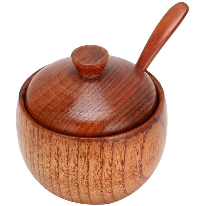 Bol à épices En Bois Naturel Avec Cuillère Et Couvercle - Pot Pour Sel, Sucre, Condiments, Décoration De Cuisine