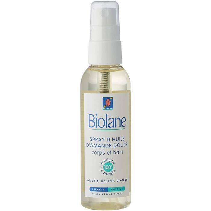 Biolane – Huile d'Amande Douce – Adoucit, nourrit et protège la peau du bébé – Pour le soin du bébé – spray de 75 ml