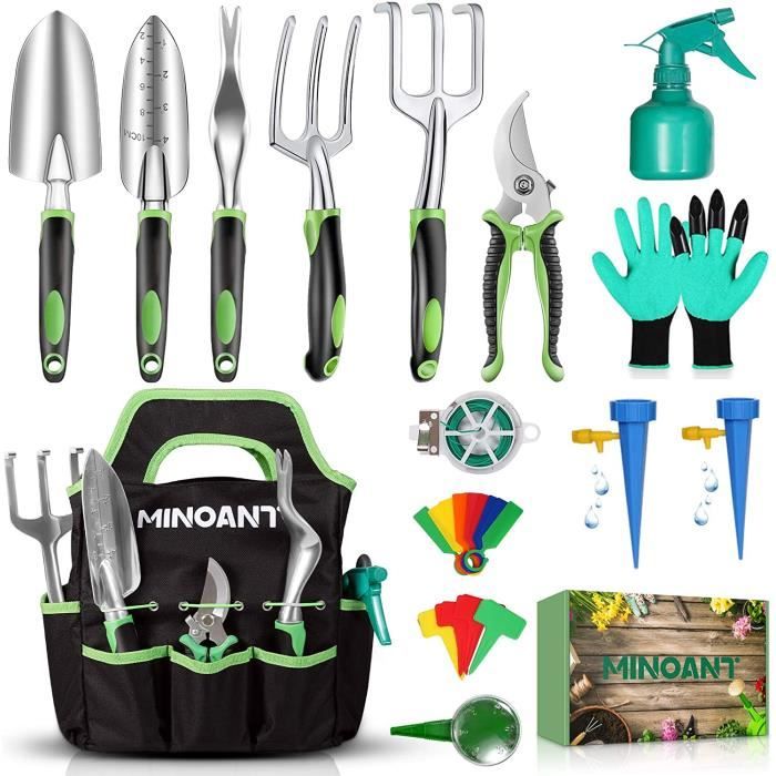 outillage de jardin, 33pcs outils jardinage en aluminium, kit jardinage  adulte avec sac de rangement, rateau jardin, pelle jardina