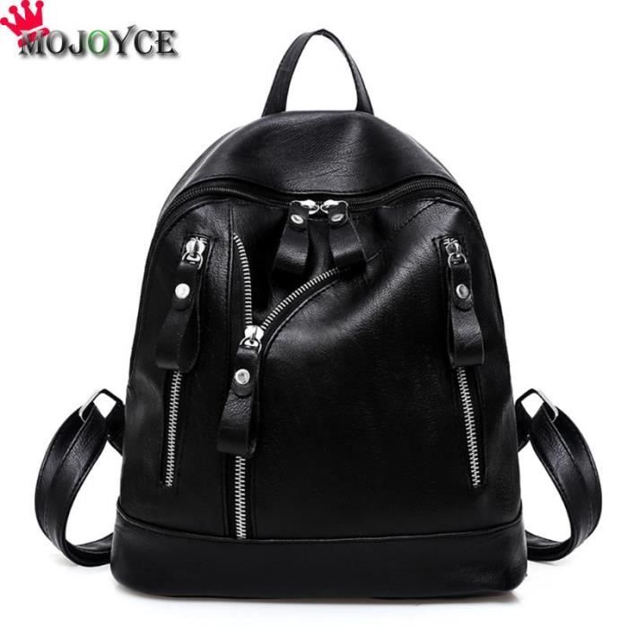 Sac à dos en cuir noir à fermeture éclair, sac à bandoulière 2 voies avec poche | Baginning