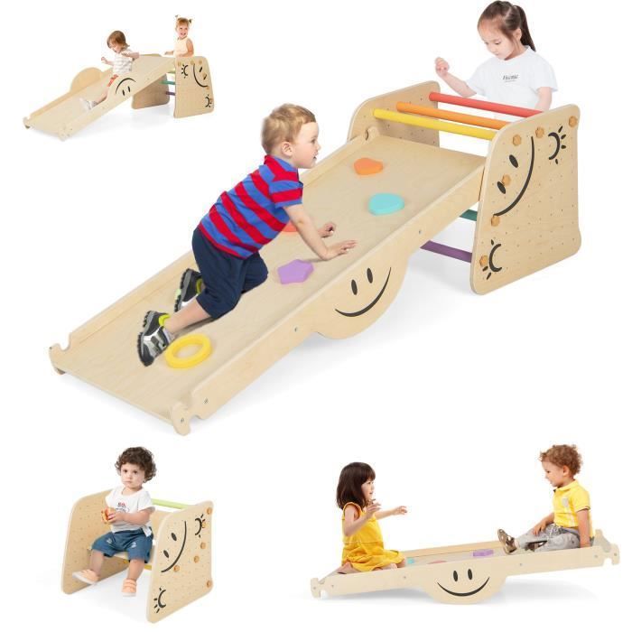 COSTWAY 6 en 1 Aire de Jeux en Bois Enfants avec Toboggan Réversible