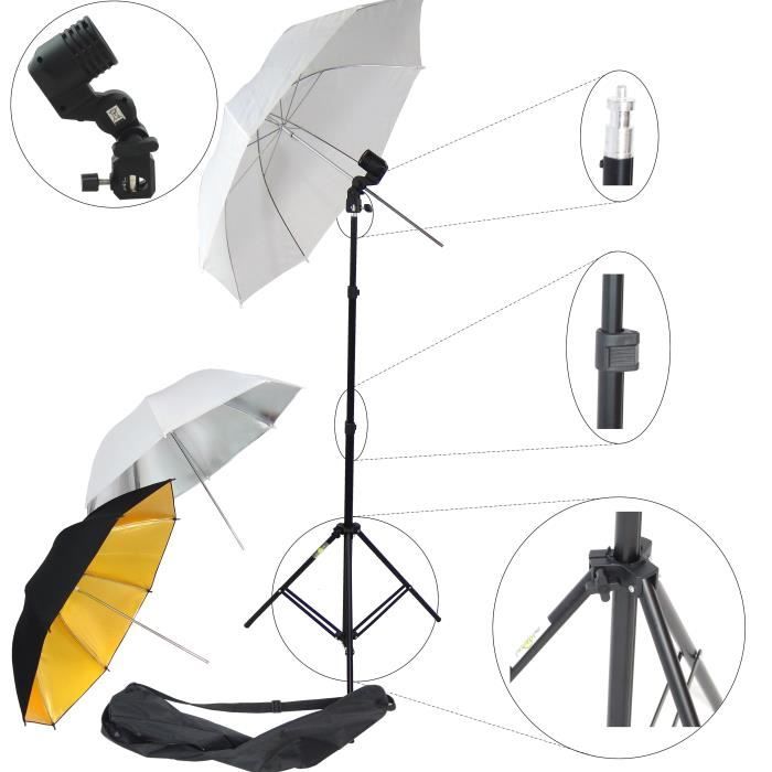 DynaSun W969 Kit d'éclairage Professionnel Studio Photo Vidéo avec Trépied, Douille, 3x Parapluie Blanc + Argent + Or Noire et S