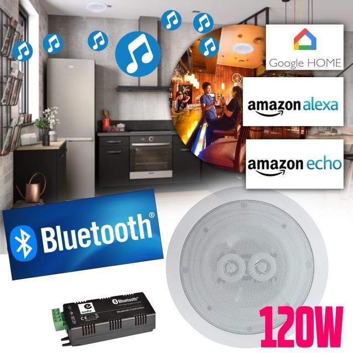 Haut-parleurs 120W plafond encastrable WATERPROOF Hifi amplifiée compatible Smartphone Google Home Bluetooth Amazon Alexa Echo