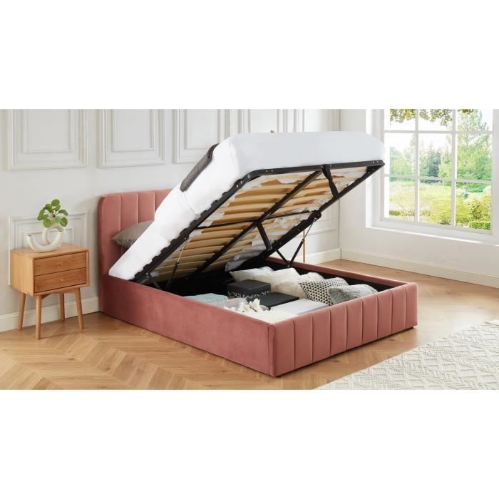 Lit coffre 160x200cm en velours rose blush avec tête de lit + sommier à lattes - Collection Ava - ELLE DECORATION