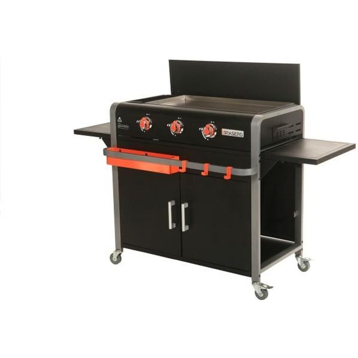 Plancha gaz BRASERO Lola - sur chariot équipé - 3 Feux - Surface cuisson 68,5 x 35,50 cm - Accessoires - Tablettes - 7,2 KW
