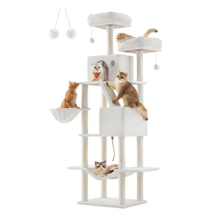 Comparer les prix de Arbre à Chat, Hauteur 206 cm, avec 13 Griffoirs, 2 Plate-forme, 2 Niches, Panier, Hamac, Pompon, Blanc Crème