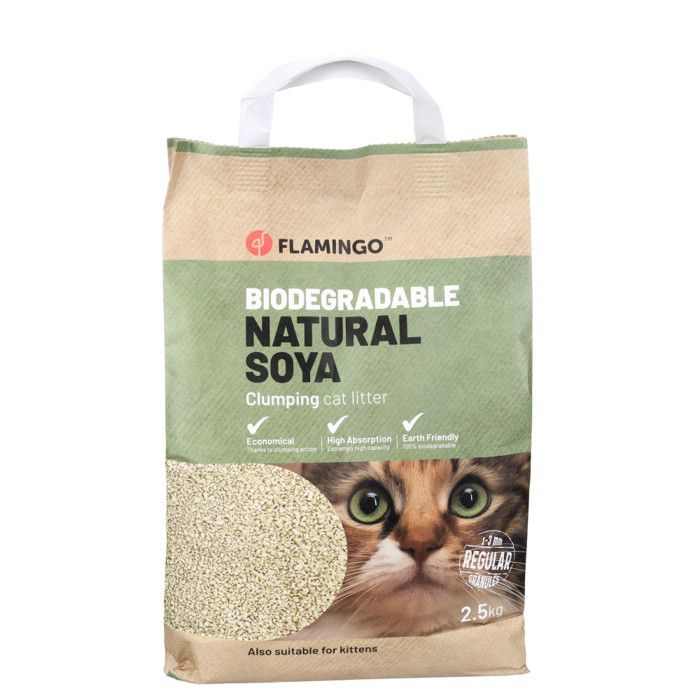 Comparer les prix de Litière pour chat - Flamingo - Soja Granulés fins Agglomérant - 2.5 kg - Végétale - 100% naturelle
