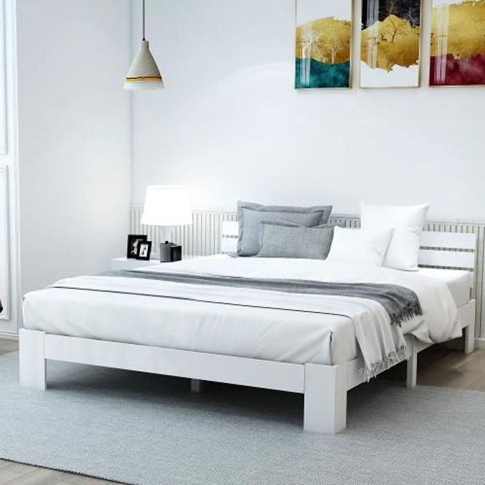 cadre de lit double en bois - momotou - 140 x 200 cm - blanc - campagne - a lattes