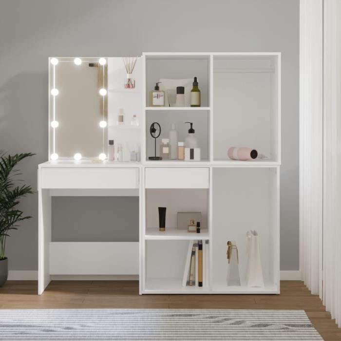 Coiffeuse à LED - MOTHINESSTO - LY1716 - Bois dingénierie - 2 armoires - Blanc