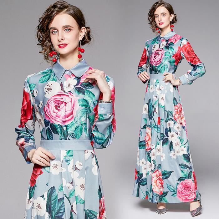 Robe,Robe maxi vintage  imprim floral pour femmes,col  manches ...
