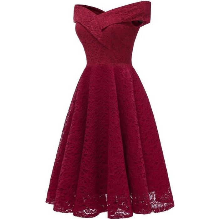 Chic Robe Femme soirée Cocktail Sur l'épaule Asymétrique sans Manches en  Dentelle Mariage Bridesmaid Dress Rouge