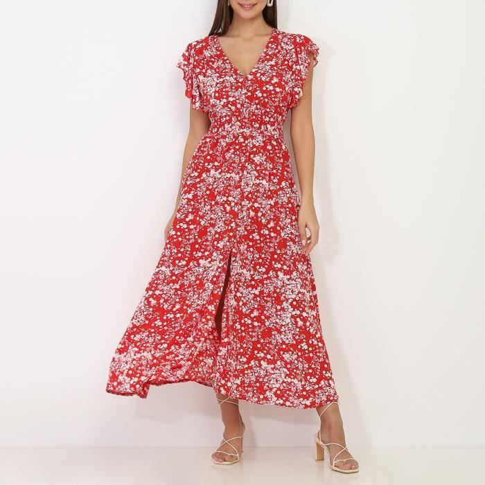Robe rouge volant e boutons et motif fleurs Rouge Cdiscount