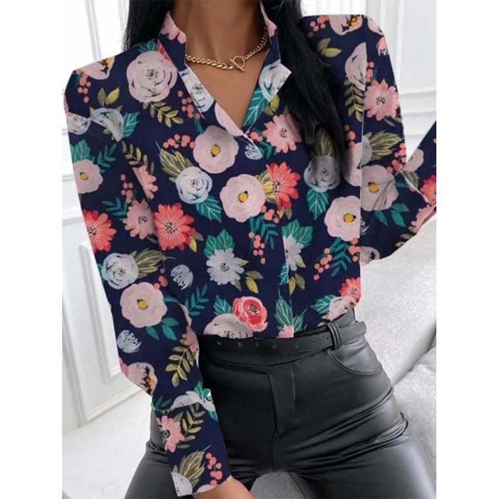 Chemisier Femme Imprimé Floral Col V - Tunique Mousseline Manches Longues - Style Y2K Décontracté
