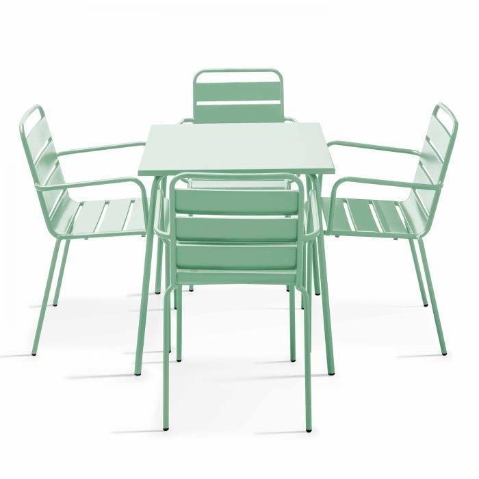 Ensemble table et chaises de jardin carré en acier sauge - OVIALA - Palavas - Contemporain - 4 personnes