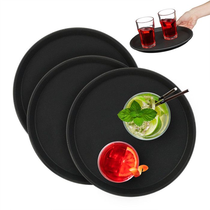 Relaxdays Lot de 3 plateaux de service ronds diamètre de 28 cm surface antidérapante restaurant noir