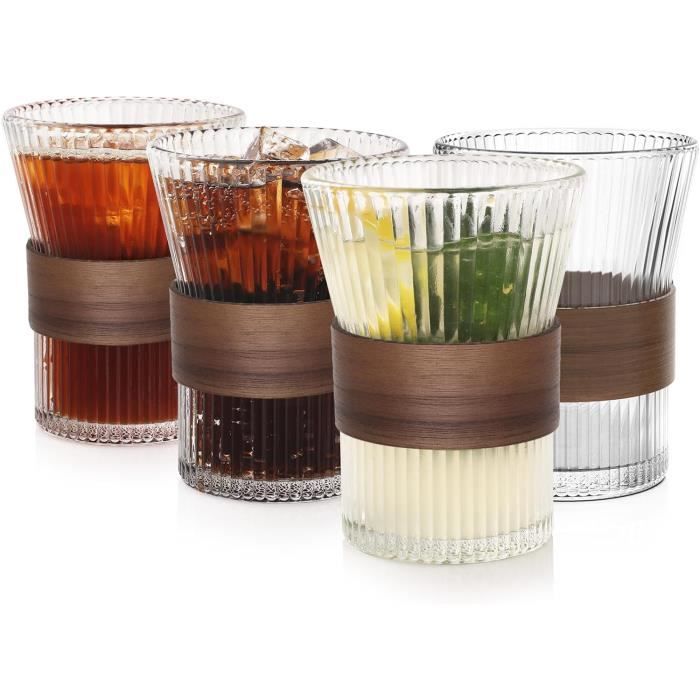 4 Verres à Eau 300ml Avec Paille | Verre Strié Vintage | Verre Borosilicate | Pour Jus, Cocktails, Yaourt | Lavable Lave-vaisselle