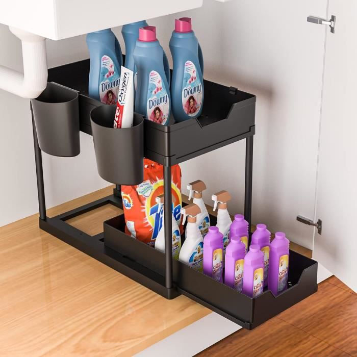 Rangement sous Evier 2 Niveaux, Meuble Sous Evier avec 4 Crochets, Multifonctionnel Organisateur 
