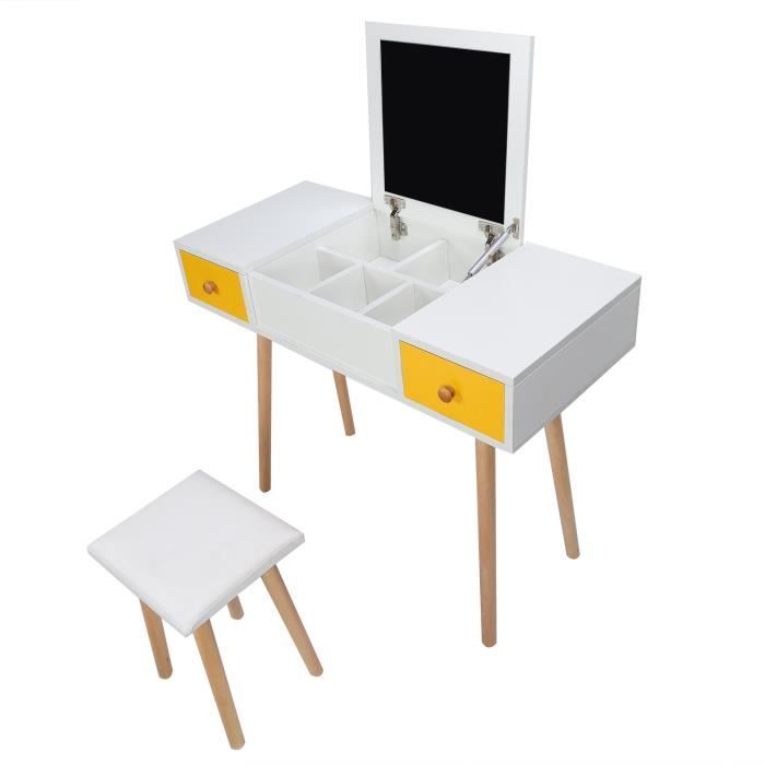 Table de maquillage TecTake/coiffeuse avec miroir et tabouret – Blanc – Bois – 402072