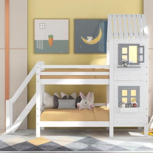Lit superposé pour enfant 2 x 90 x 200 cm avec toboggan et escalier,  Barrières de protection, Sommier à lattes inclus, Naturel-blanc - Cdiscount  Maison