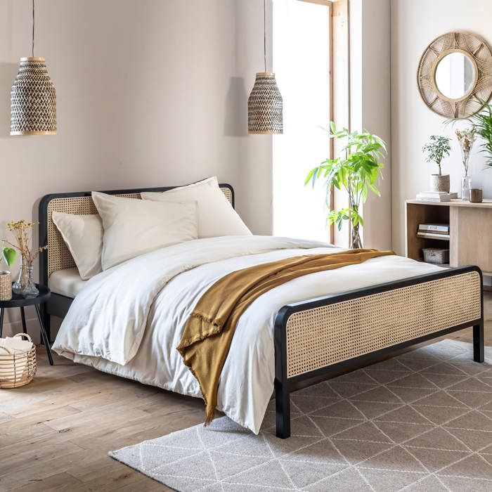 Lit adulte en pin massif noir avec véritable cannage ANNA 160x200 - LT17018 - Noir - Terre de Nuit