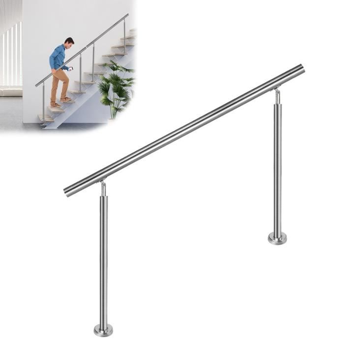 YUENFONG Rampe d'escalier en acier inoxydable pour escaliers, balcon, intérieur et extérieur, argent (180 cm, avec 0 traverses)