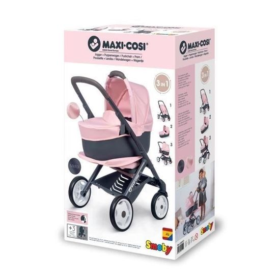 Combi 3 en 1 pour poupee et poupon : poussette landau cosy - Rose / Gris -  Poignee 55 à 82 cm - Cdiscount Jeux - Jouets