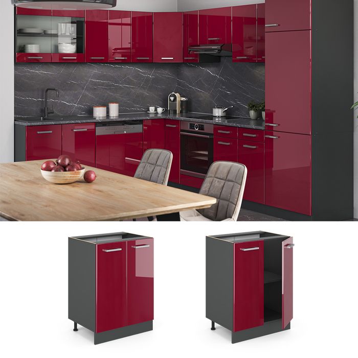Vicco Fame-Line Meuble Bas Cuisine 60 Cm Rouge Bordeaux Brillant/Anthracite - Avec Tiroir Soft-Close