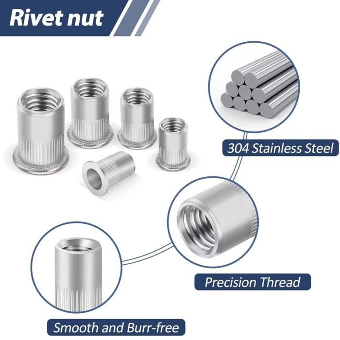 Gr10 Rivets 10 Inserts M10 Rivets Filetés Inox, écrous sertir tête plate métriques ...