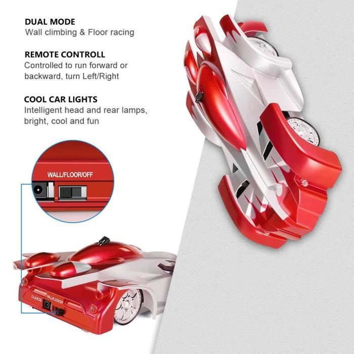 Voiture RC Télécommandée Yangers Escalade Murale Anti-Gravité, 4 Canaux, USB Rechargeable Avec LED Avant/Arrière, Jouet Électrique Enfants (Rouge)