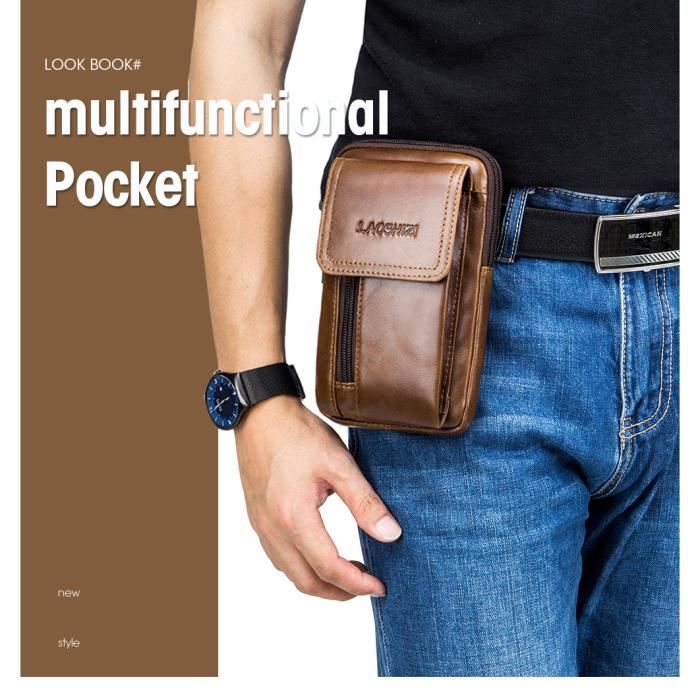 Sac Banane Pour T l phone Cuir Pour Homme Beige noir Cdiscount