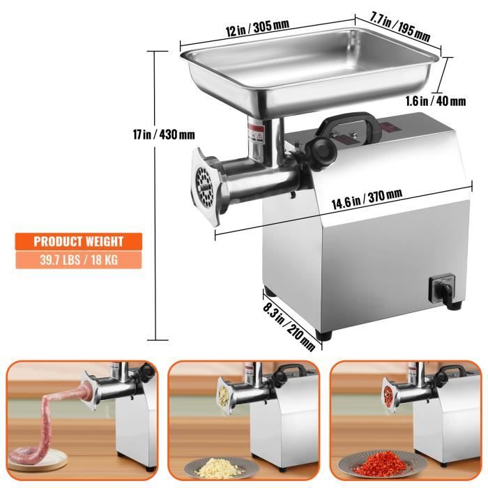 Hachoir à Viande Électrique VEVOR 4,17 Kg/min - Acier Inoxydable, 1100W, Plaques Et Poussoir à Saucisses