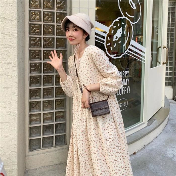 Robe Robe coreenne Chic a manches longues pour femmes retro a fleurs taille haute tenue tendance pour femmes ete Type apricot Blanc Cdiscount Pret a Porter