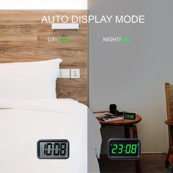 JOPHEK Reveil Numerique, Réveil Numérique en Bois LCD Horloge Digitale sans Tic-tac avec Affichage Date Température Réveil à Piles avec Fonction Snooze pour Maison Chambre (3 Piles AAA Non Incluses