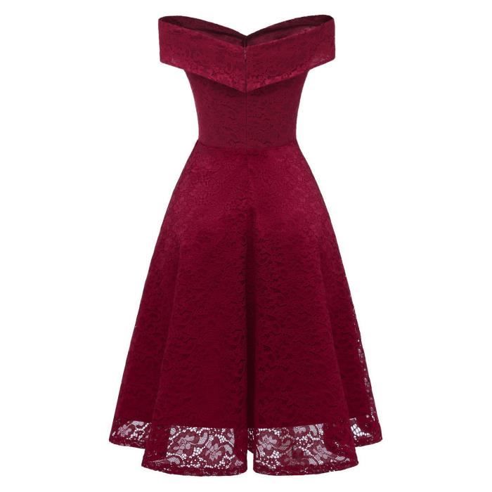Chic Robe Femme soiree Cocktail Sur l epaule Asymetrique sans Manches en Dentelle Mariage Bridesmaid Dress Rouge