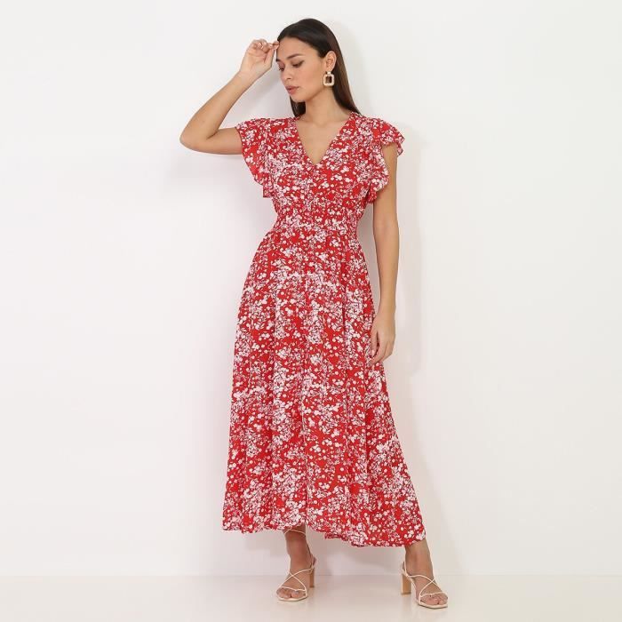 Robe rouge volantee a boutons et motif fleurs Rouge Cdiscount Pret a Porter