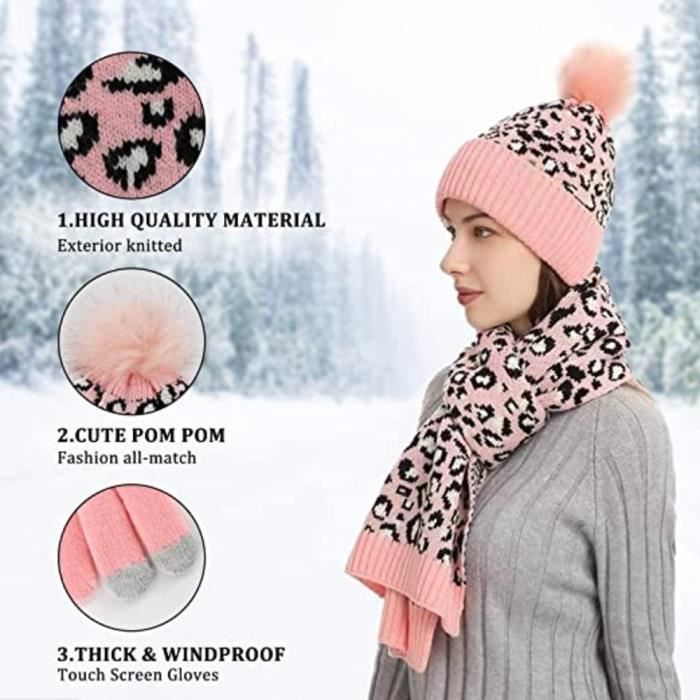 Ensemble Bonnet Écharpe Gants CheChury Femme - Tricoté Hiver - Écran Tactile - 100% Acrylique