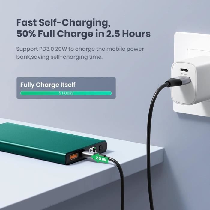 Power Bank 5000mAh Avec Câble Intégré - Chargeur Portable Ultra Compact 22.5W Pour IPhone & Android - Écran LCD