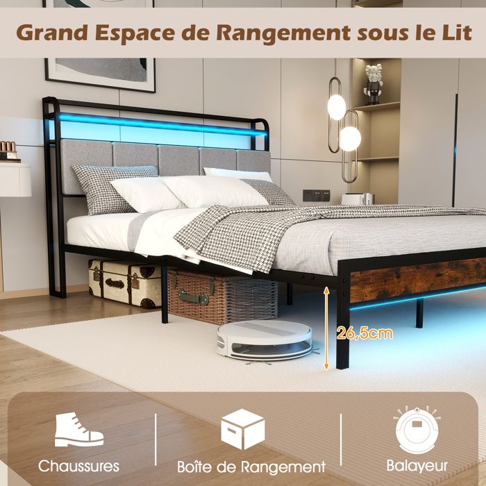 COSTWAY Lit 140x200 cm avec Éclairage LED et Sommier à Lattes, Cadre de