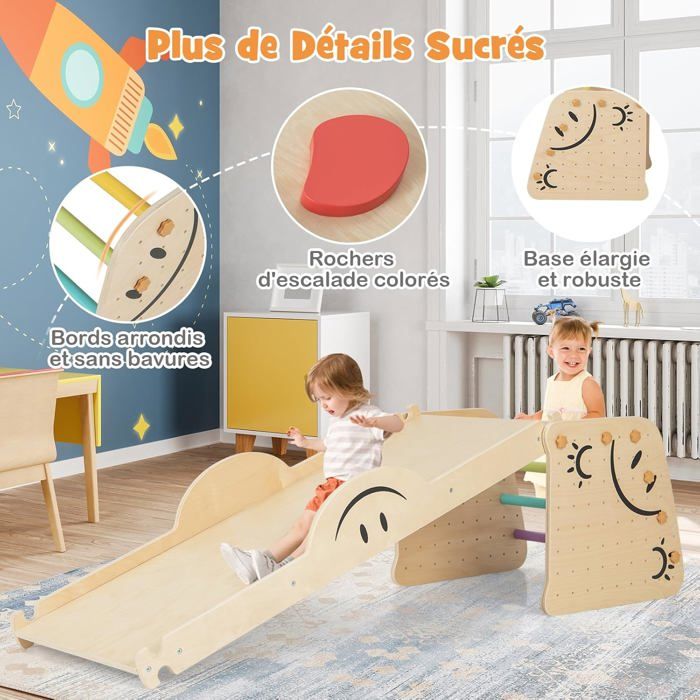 COSTWAY 6 en 1 Aire de Jeux d'escalade Intérieure en Bois avec Toboggan & Rampe, Triangle d'escalade Montessori Enfant avec Échelle & Panier & Barre de Singe, Charge 75kg pour 3-14 Ans COSTWAY 6 en 1 Aire de Jeux d'escalade Intérieure en Bois avec Toboggan & Rampe, Triangle d'escalade Montessori Enfant avec Échelle & Panier & Barre de Singe, Charge 75kg pour 3-14 Ans